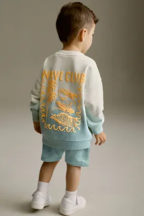 Azul claro teñido - Conjunto de sudadera con estampado en la espalda y pantalones cortos (3meses-7años)