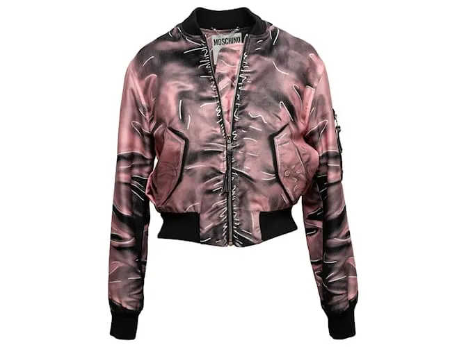 Chaqueta bomber de nailon con estampado gráfico Moschino Couture rosa y negro Talla US 8 