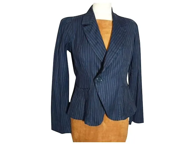 CHAQUETA SONIA RYKIEL BAYADERE LINO ALGODÓN COROLLE CUELLO GRANDE T38/40 Azul 