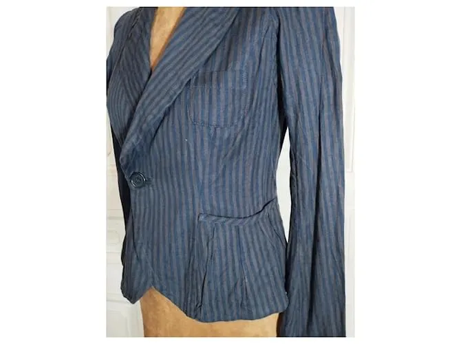 CHAQUETA SONIA RYKIEL BAYADERE LINO ALGODÓN COROLLE CUELLO GRANDE T38/40 Azul 