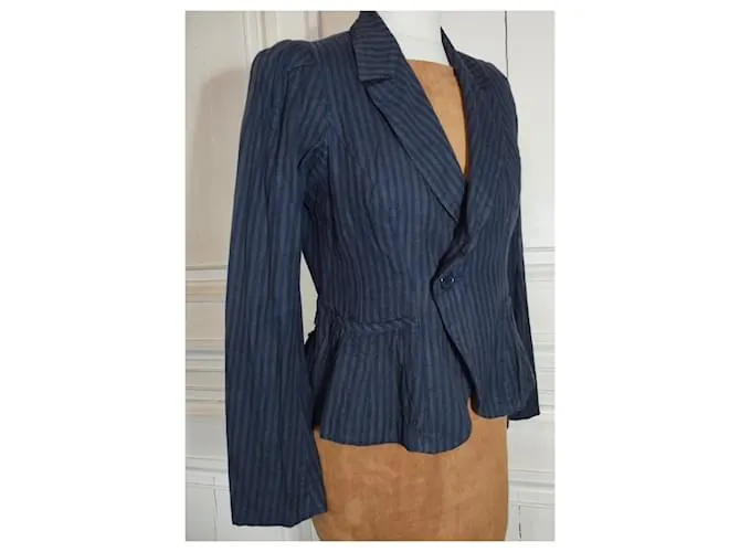 CHAQUETA SONIA RYKIEL BAYADERE LINO ALGODÓN COROLLE CUELLO GRANDE T38/40 Azul 