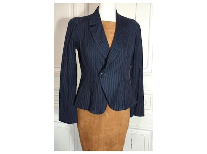 CHAQUETA SONIA RYKIEL BAYADERE LINO ALGODÓN COROLLE CUELLO GRANDE T38/40 Azul 