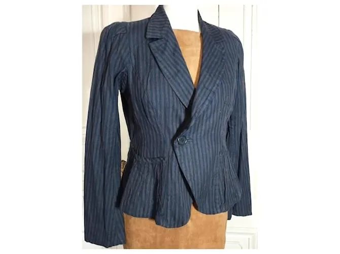 CHAQUETA SONIA RYKIEL BAYADERE LINO ALGODÓN COROLLE CUELLO GRANDE T38/40 Azul 