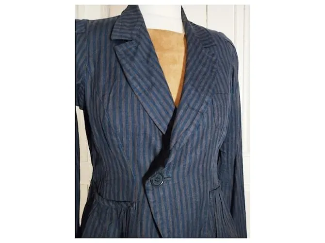 CHAQUETA SONIA RYKIEL BAYADERE LINO ALGODÓN COROLLE CUELLO GRANDE T38/40 Azul 