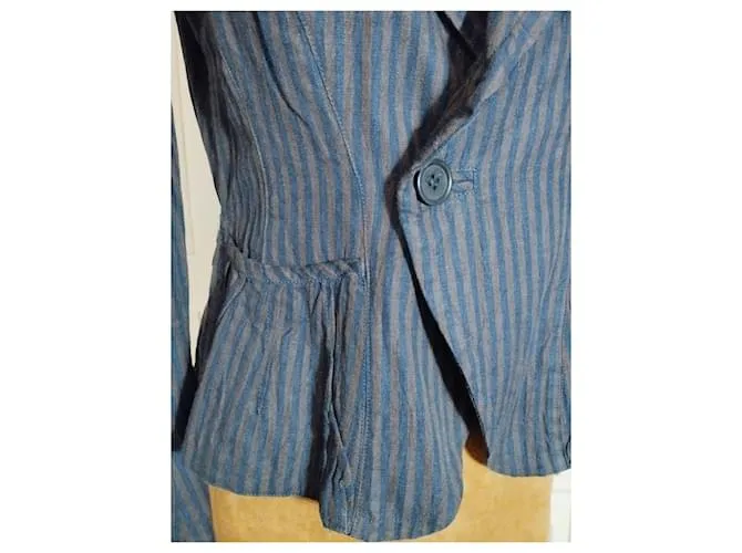 CHAQUETA SONIA RYKIEL BAYADERE LINO ALGODÓN COROLLE CUELLO GRANDE T38/40 Azul 