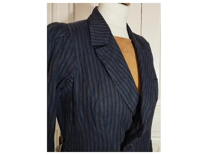 CHAQUETA SONIA RYKIEL BAYADERE LINO ALGODÓN COROLLE CUELLO GRANDE T38/40 Azul 