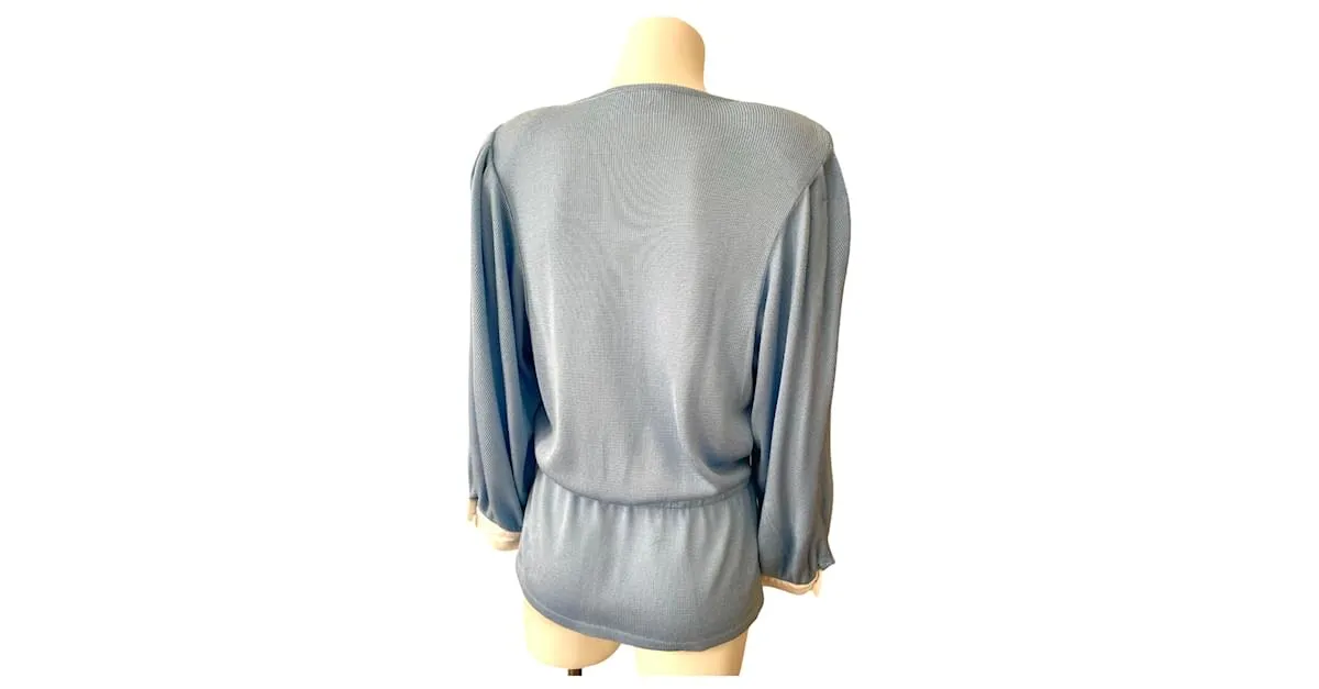 Excelente chaqueta de punto ajustada 80s Nina Ricci 38 punto azul cielo y algodón, blanco, dorado Azul claro 