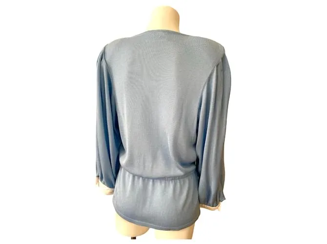 Excelente chaqueta de punto ajustada 80s Nina Ricci 38 punto azul cielo y algodón, blanco, dorado Azul claro 