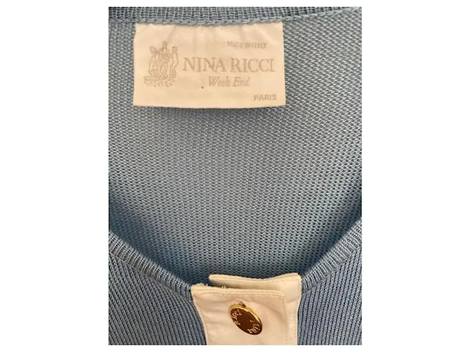 Excelente chaqueta de punto ajustada 80s Nina Ricci 38 punto azul cielo y algodón, blanco, dorado Azul claro 