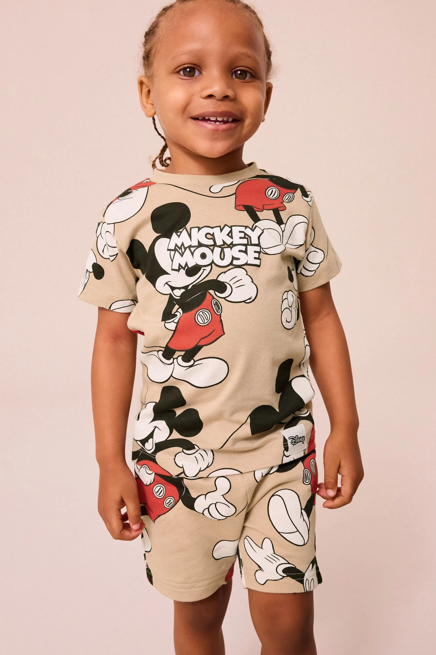 Neutro tostado con Mickey Mouse - Conjunto con estampado integral de camiseta y pantalones cortos con licencia (3meses -8años)