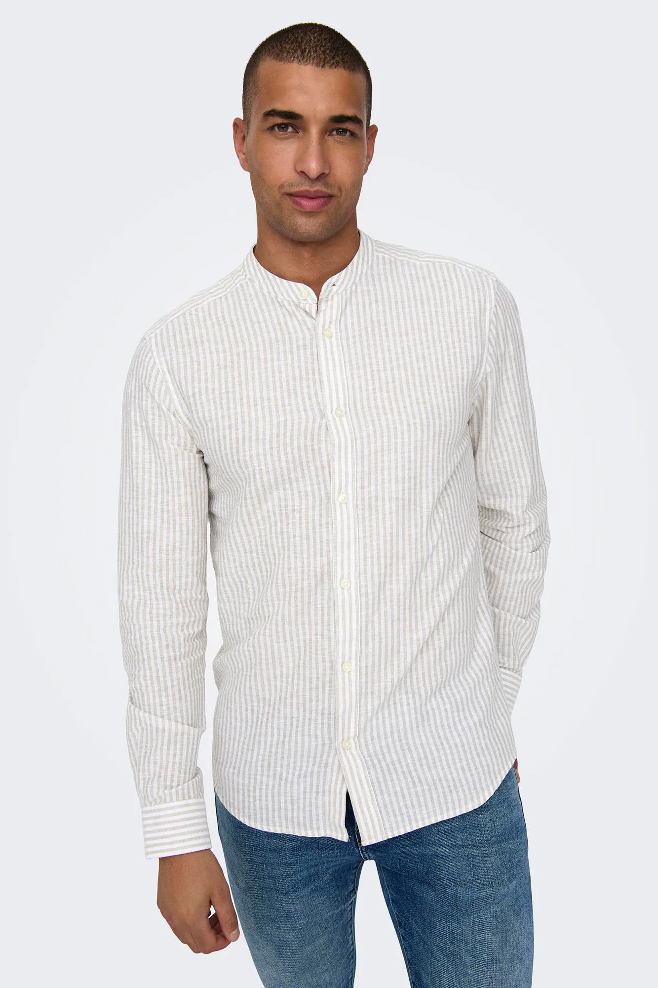 Only & Sons Camisa rayas cuello mao con lino