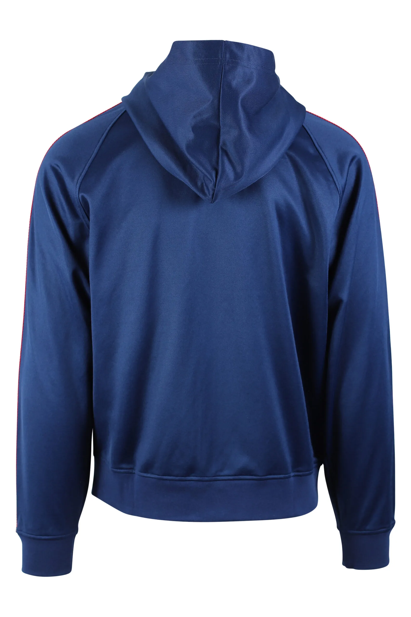 Sudadera azul con cremallera y logo rojo laterales