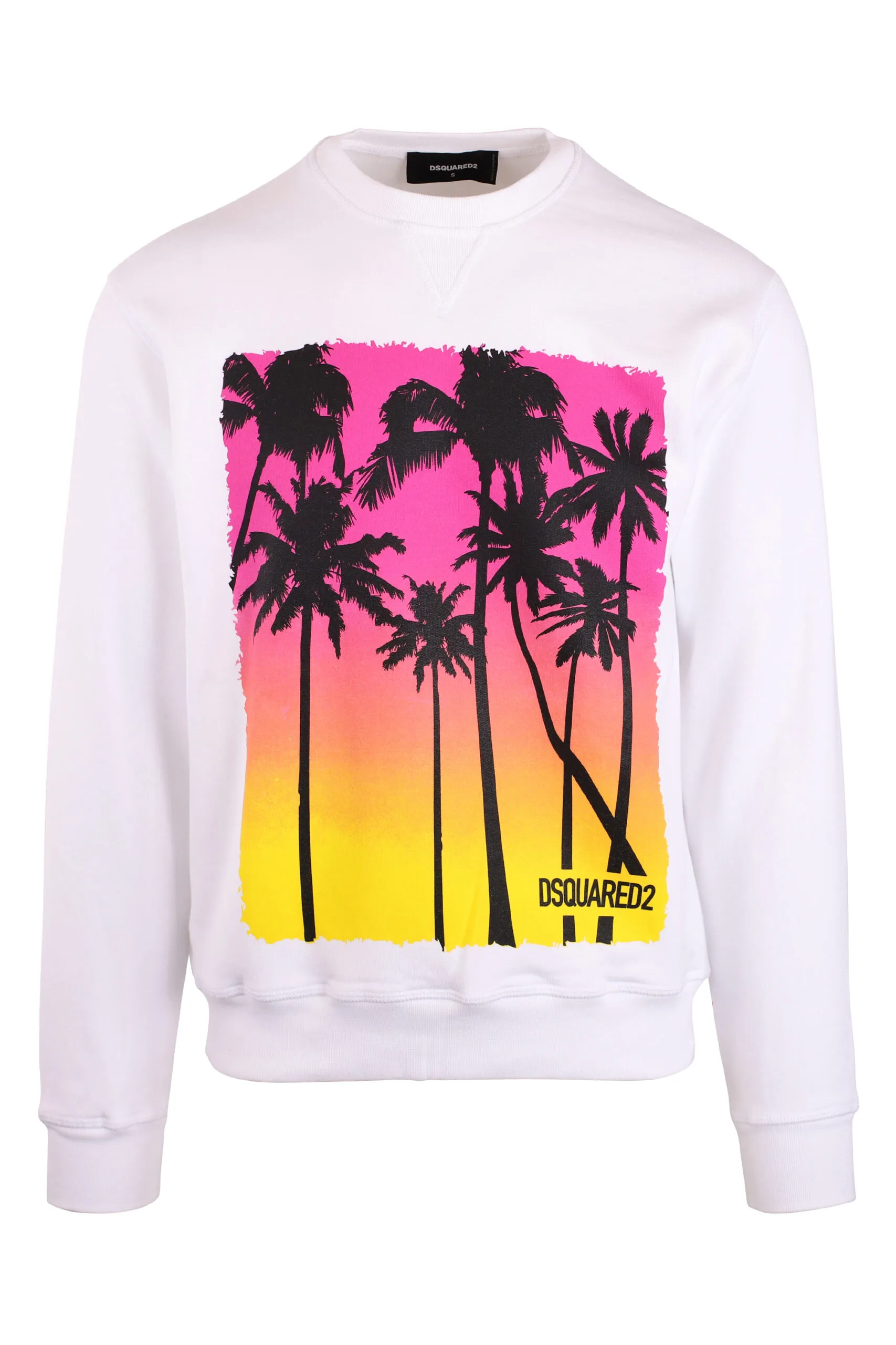 Sudadera blanca con estampado palmeras atardecer