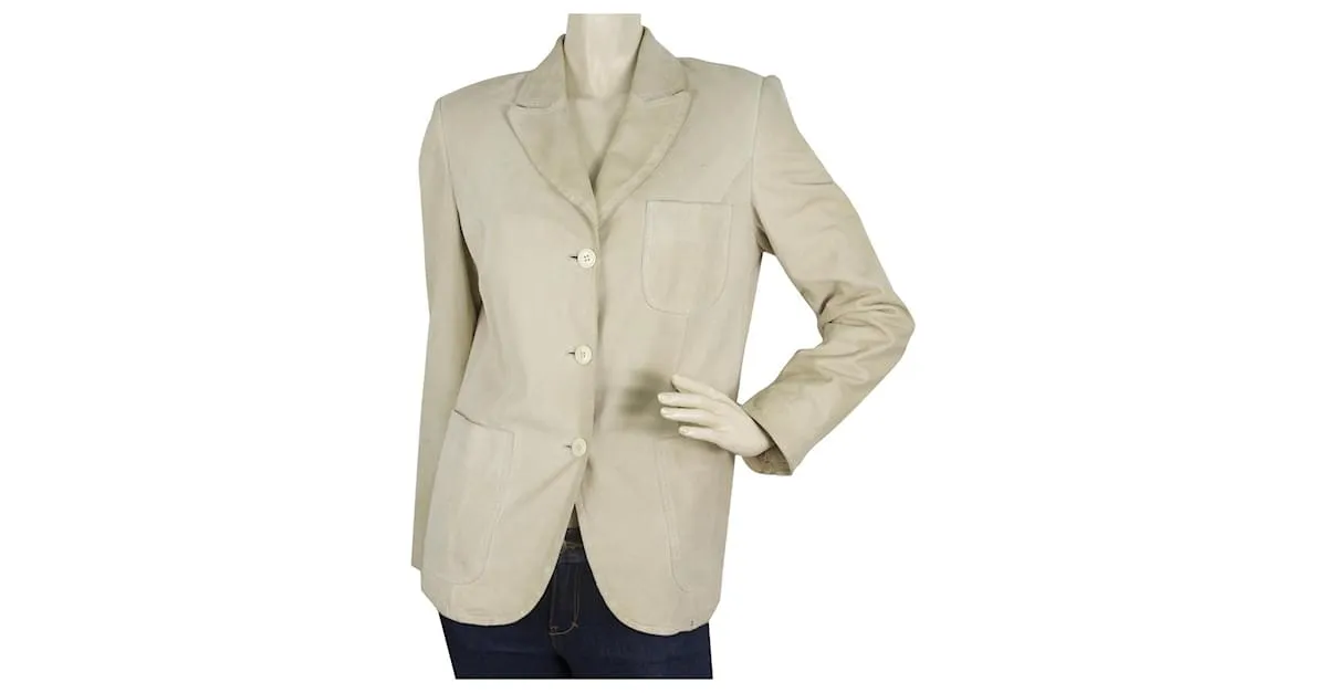 Talla de chaqueta clásica de tres botones de cuero de gamuza beige Miu Miu 42 