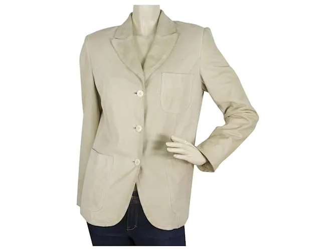 Talla de chaqueta clásica de tres botones de cuero de gamuza beige Miu Miu 42 